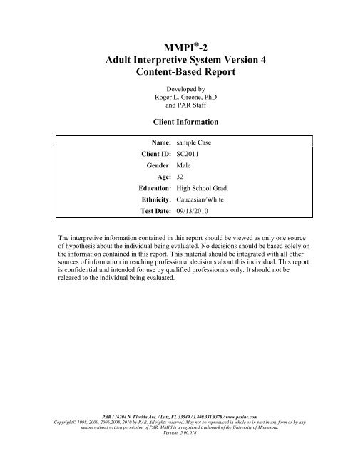 MMPI -2 Adult Interpretive System Version 4 Content-Based Report