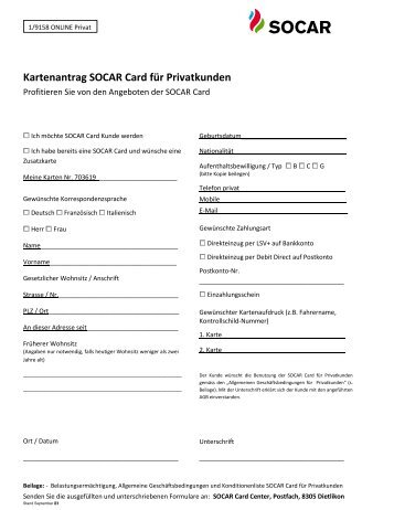 Antragsformular â€“ SOCAR Card fÃ¼r Privatkunden