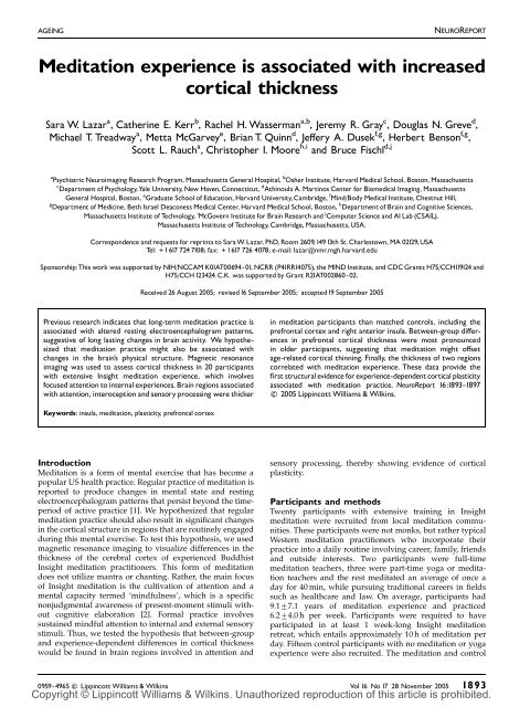 Meditation experience is associated with increased cortical thickness