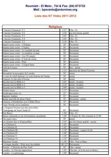 Liste des K7 VidÃ©o 2011-2012 Religieux Roumieh - El Metn , TÃ©l ...