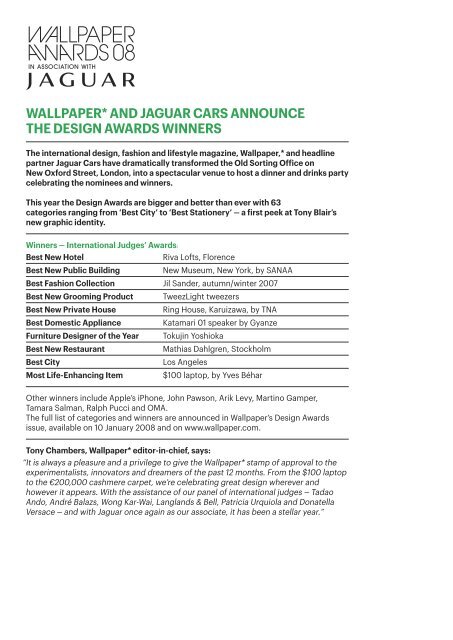 Wallpaper* and Jaguar cars announce the Design Awards winners