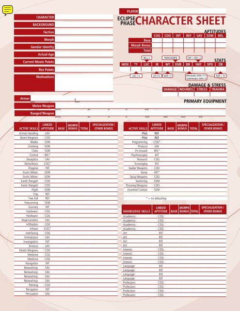 Eclipse Phase Character Sheet