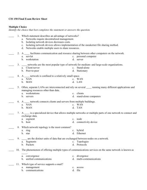 CIS 150 Final Exam Review Sheet Multiple Choice Identify the ...