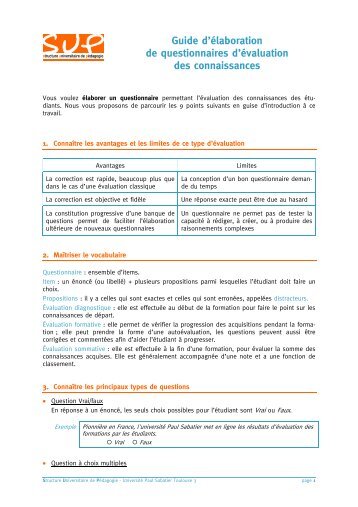 Guide d'Ã©laboration de questionnaires d'Ã©valuation des ... - SUP