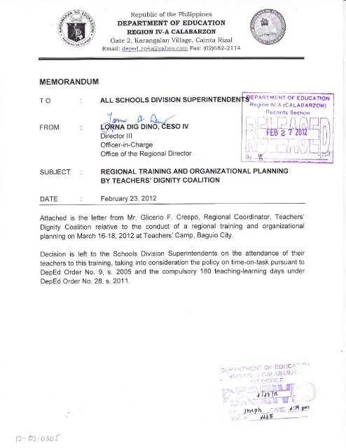 Memorandum department of education region iv calabarzon