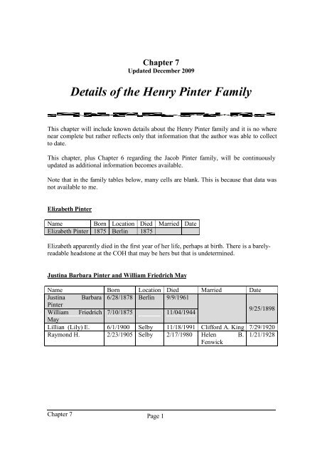 Chapter 7 - Details of the Henry Pinter Family - New Page 1
