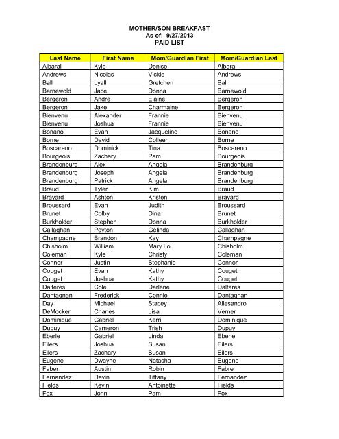 MOTHER/SON BREAKFAST As of: 9/27/2013 PAID LIST Last Name ...