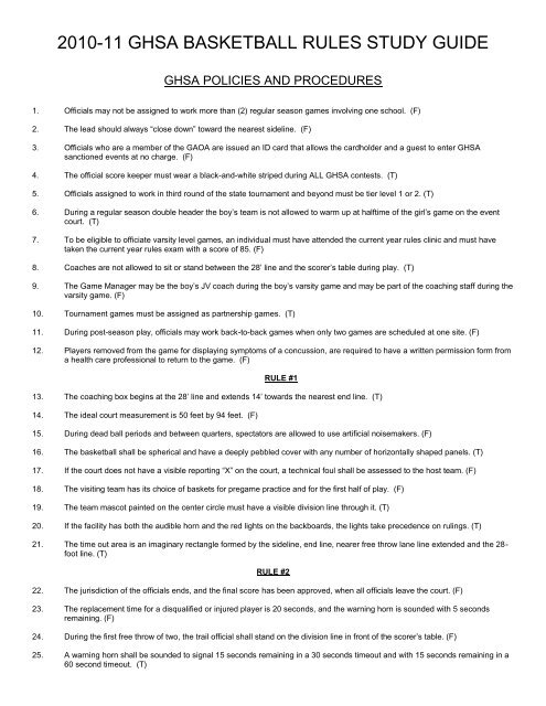 2010-11 ghsa basketball rules study guide - ccjbc