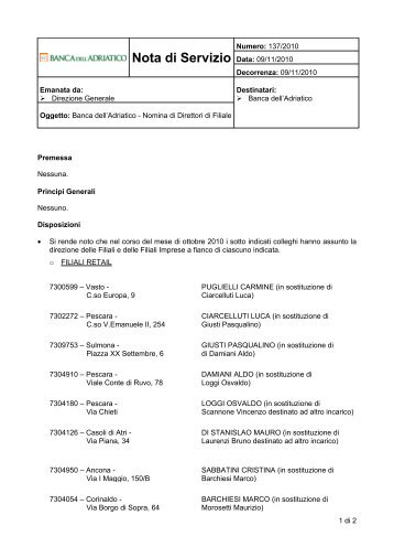 Nota di servizio 137/10. BdA. Nomina Direttori di Filiale