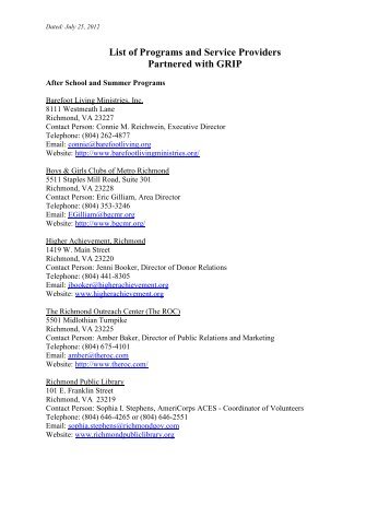 List Of Programs And Service Providers Partnered With GRIP