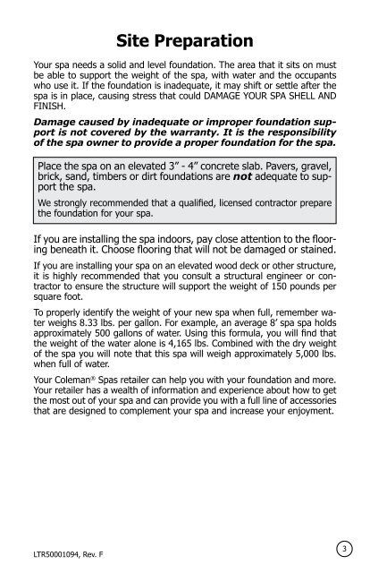 COLEMAN® SPAS PRE-DELIVERY GUIDE Portable Spas and ...