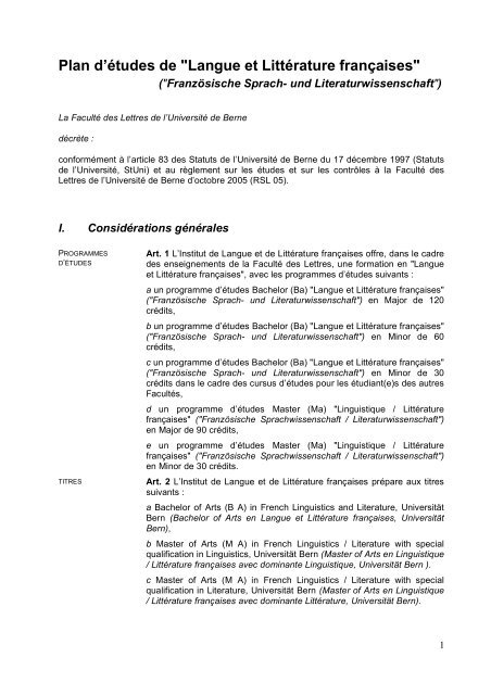 Plan d'études de "Langue et Littérature françaises" - Institut de ...