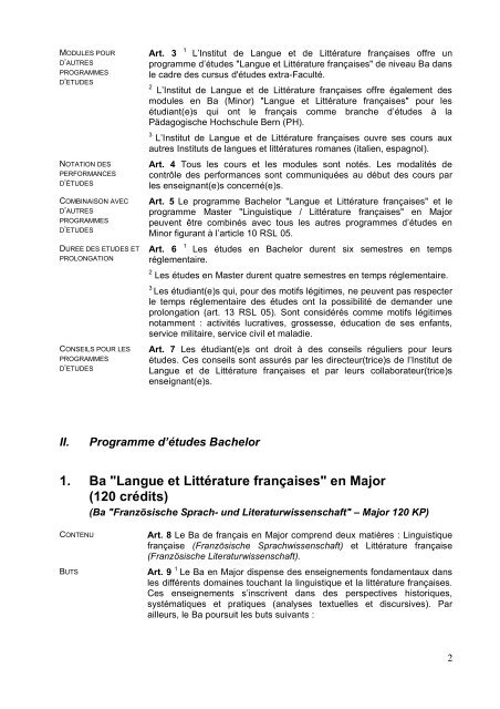 Plan d'études de "Langue et Littérature françaises" - Institut de ...