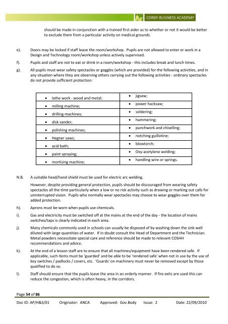 H&S/01 Health and Safety - Corby Business Academy