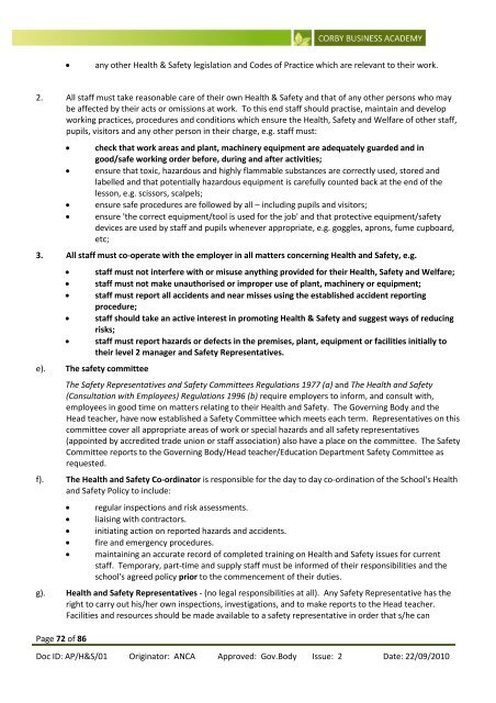 H&S/01 Health and Safety - Corby Business Academy