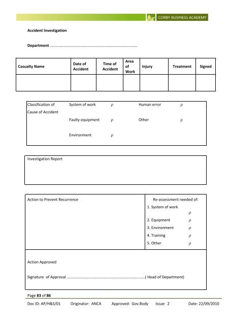 H&S/01 Health and Safety - Corby Business Academy