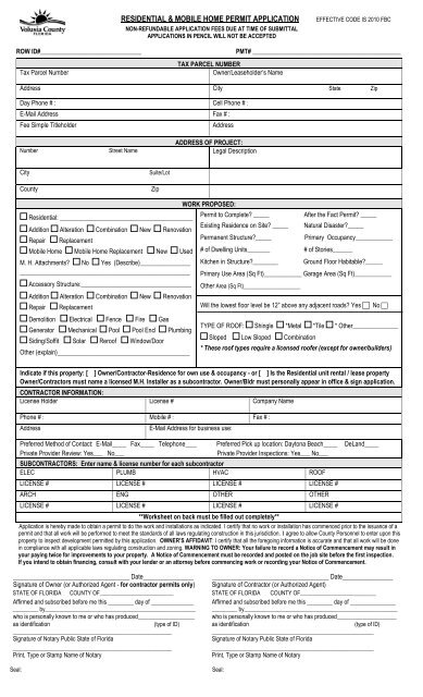 VOLUSIA COUNTY RESIDENTIAL PERMIT APPLICATION