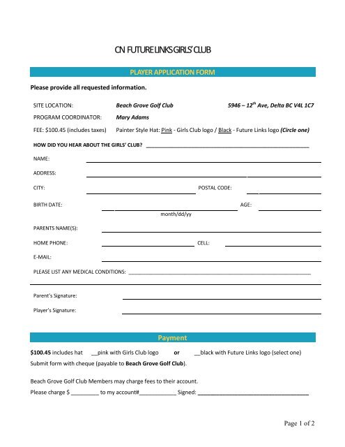 Download Application Form - Beach Grove Golf Club