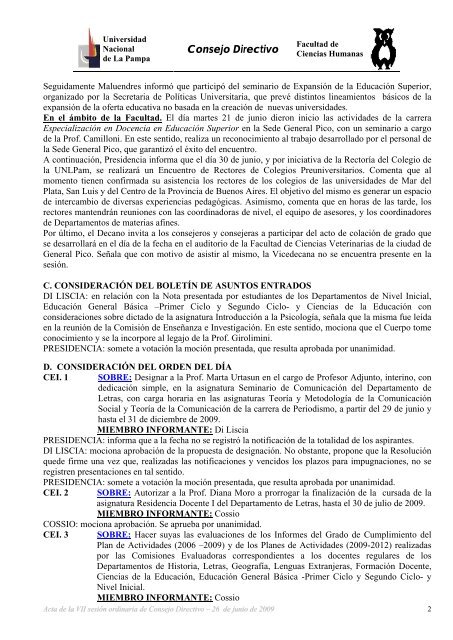 Acta de la VII SesiÃ³n Ordinaria - Facultad de Ciencias Humanas ...