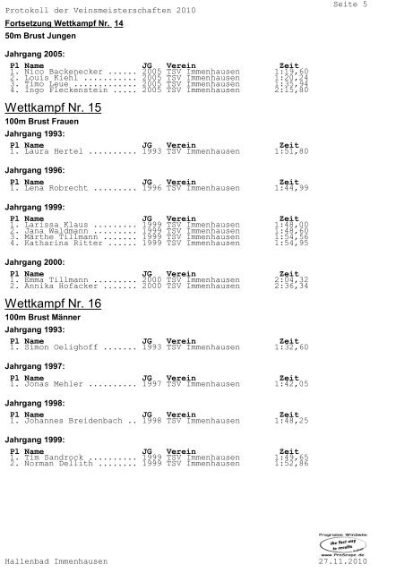 Protokoll der Vereinsmeisterschaft 2012 - TSV Immenhausen