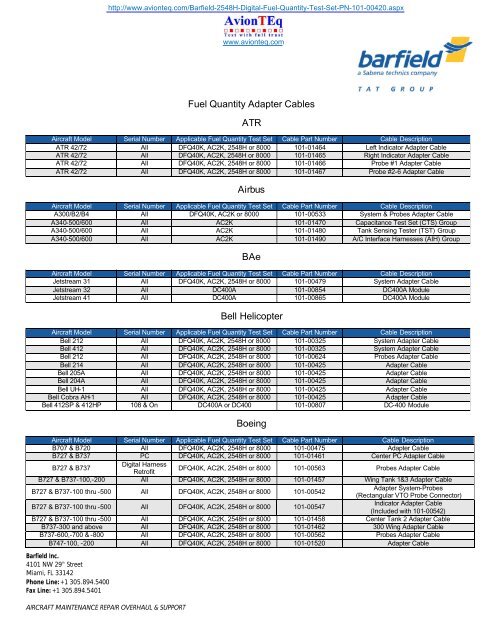 Fuel Quantity Adapter Cables ATR Airbus BAe Bell ... - Barfield, Inc.