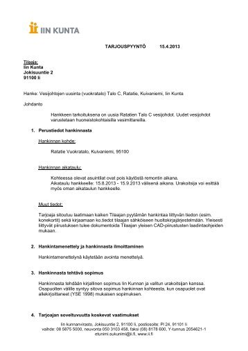 Vesijohtojen uusinta (vuokratalo) Talo C, Ratatie ... - Iin kunta
