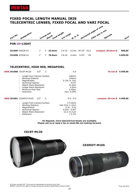 Price List 2010 - Security Systems - Pentax