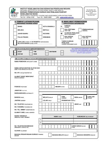 a. tempat latihan pilihan b. maklumat permohonan c. kursus ... - NIOSH