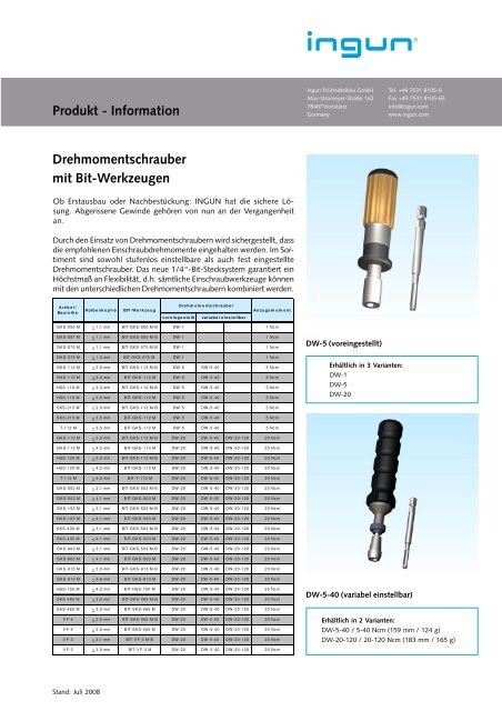 Produkt - Information - INGUN PrÃ¼fmittelbau GmbH