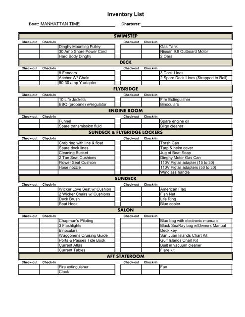 Inventory List - Ship Harbor Yacht Charters