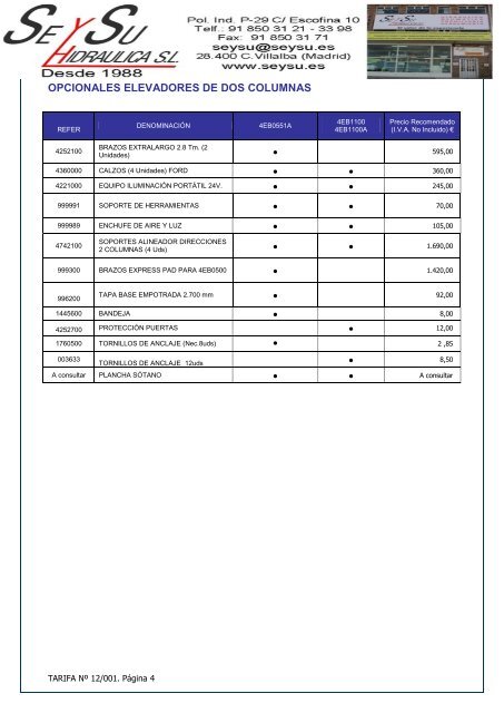 lista de precios elevadores - SEYSU Hidraulica SL