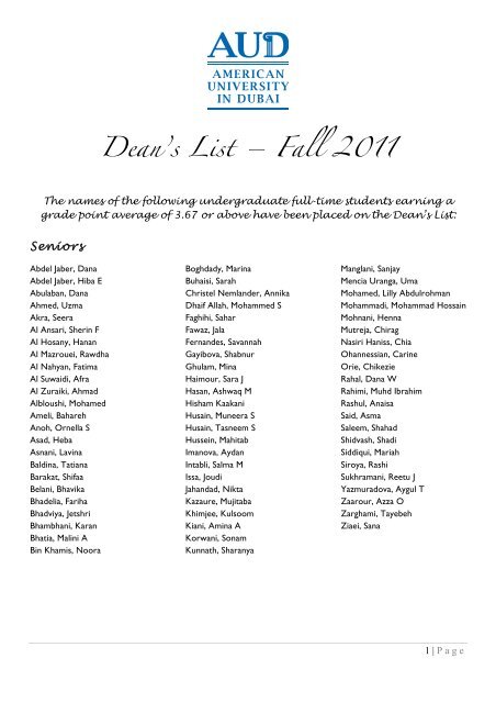 AUD Dean's List Fall 2011