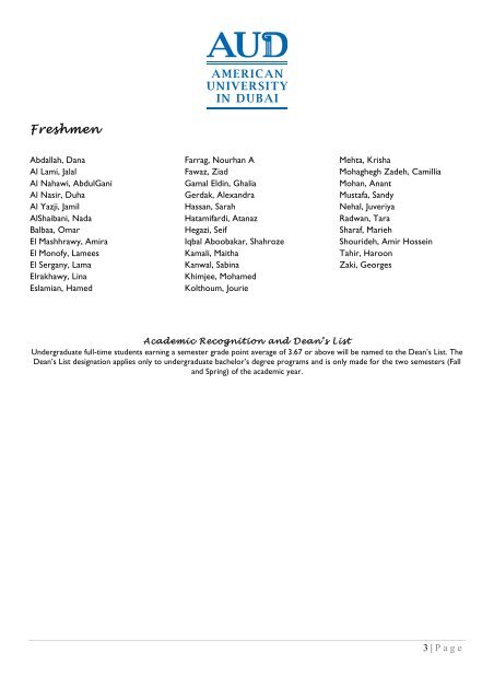 AUD Dean's List Fall 2011
