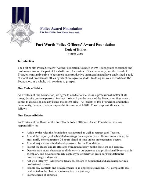 Fwpoaf Code Of Ethics Fw Police Officers Award Foundation Fwpoaf Code Of Ethics Fw Police Officers Award Foundation