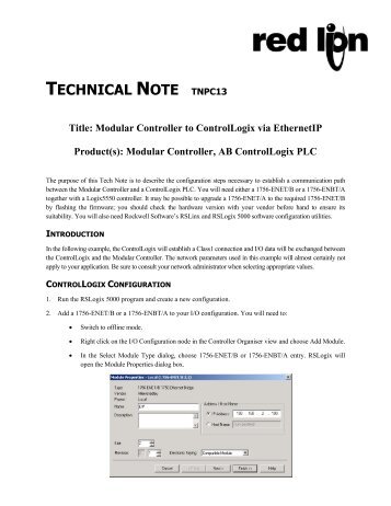 Modular Controller to ControlLogix via EthernetIP - Red Lion Controls