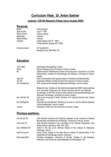 Curriculum Vitae: Dr. Anton Gartner - College of Life Sciences ...