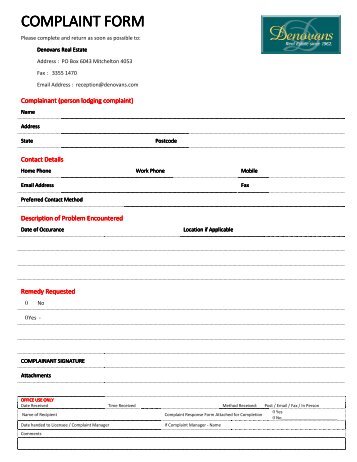 ANNEXURE 8 - Complaint Form - Denovans Real Estate