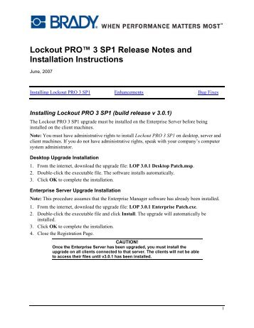 Lockout PRO™ 3 SP1 Release Notes and Installation Instructions