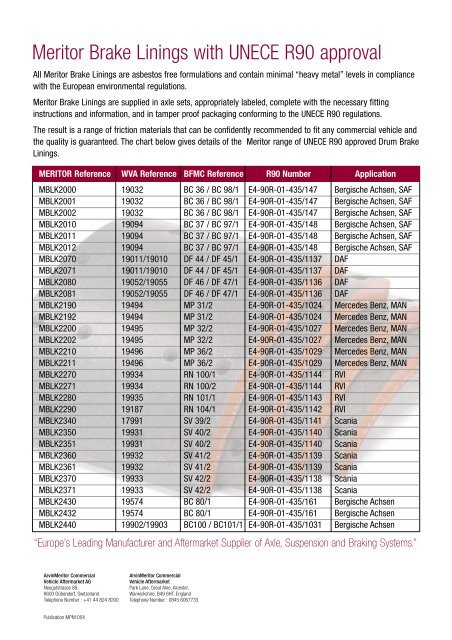 Meritor Brake Lining Comparison Chart