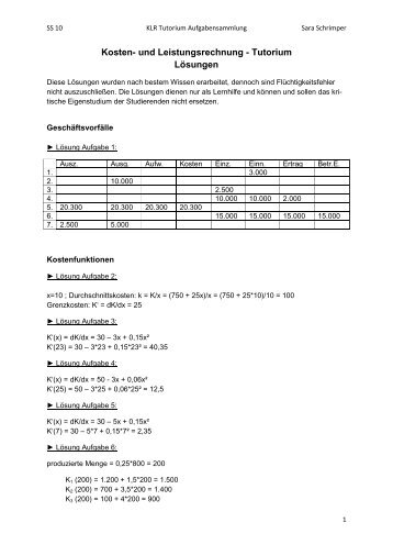 Kosten- und Leistungsrechnung - Tutorium LÃ¶sungen