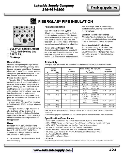 Owens Corning Pipe Insulation Lakeside Supply Company