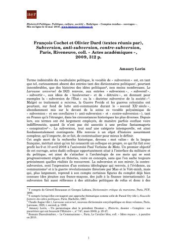 François Cochet et Olivier Dard (textes réunis par), Subversion, anti ...