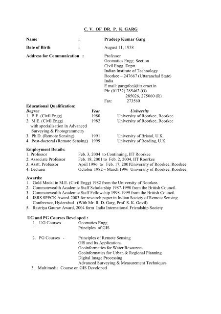 CV OF DR. PK GARG Name - Channel - Indian Institute of ...