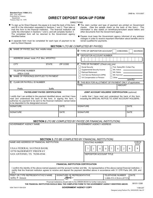 Standard Form 1199A, Direct Deposit Sign-up Form, June ... - USAA
