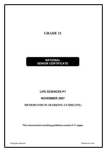 grade 11 life sciences p1 november 2007 memorandum (marking ...