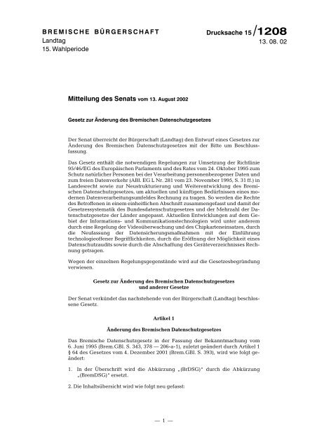 Mitteilung des Senats vom 13. August 2002 - Bremische ...