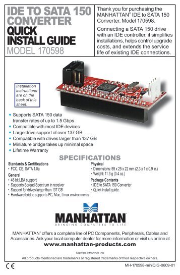 IDE to SAtA 150 ConvErtEr QUICK InStALL GUIDE - TristateTelecom