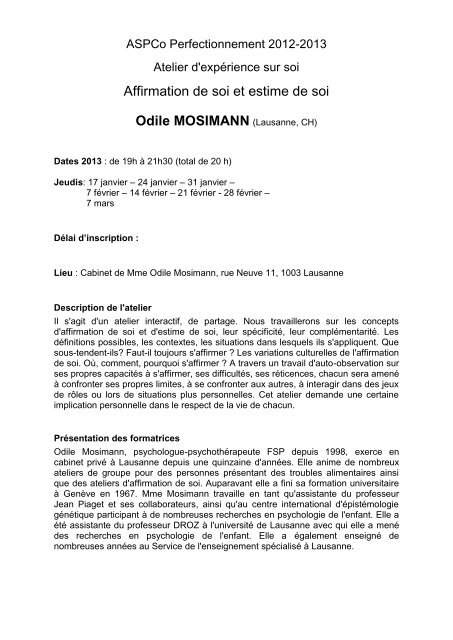 Affirmation de soi et estime de soi Odile MOSIMANN ... - ASPCo