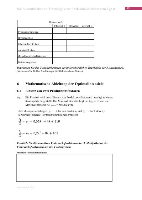 Die Kostenfunktion auf Grundlage einer Produktionsfunktion vom ...