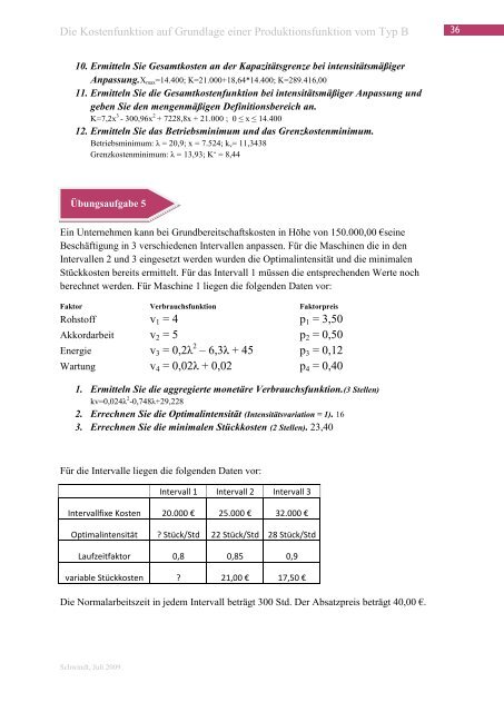 Die Kostenfunktion auf Grundlage einer Produktionsfunktion vom ...